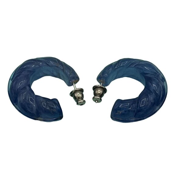 Vintage Chunky Blue & Black Acrylic Hoop Earrings 2 Pair - Picture 2 of 13